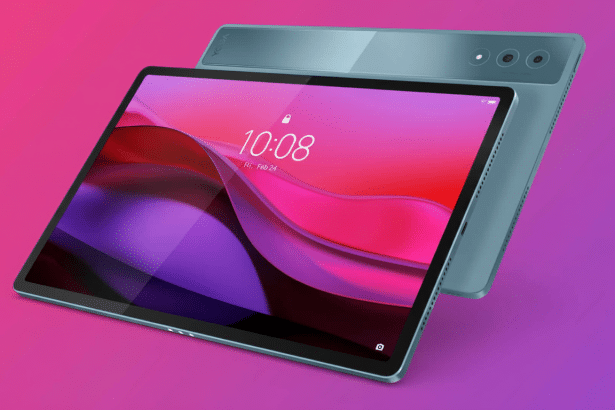 A professional shot of a modern teal tablet with a vibrant pink and purple wallpaper, displayed against a gradient background. Another tablet, also teal, is subtly visible behind it.