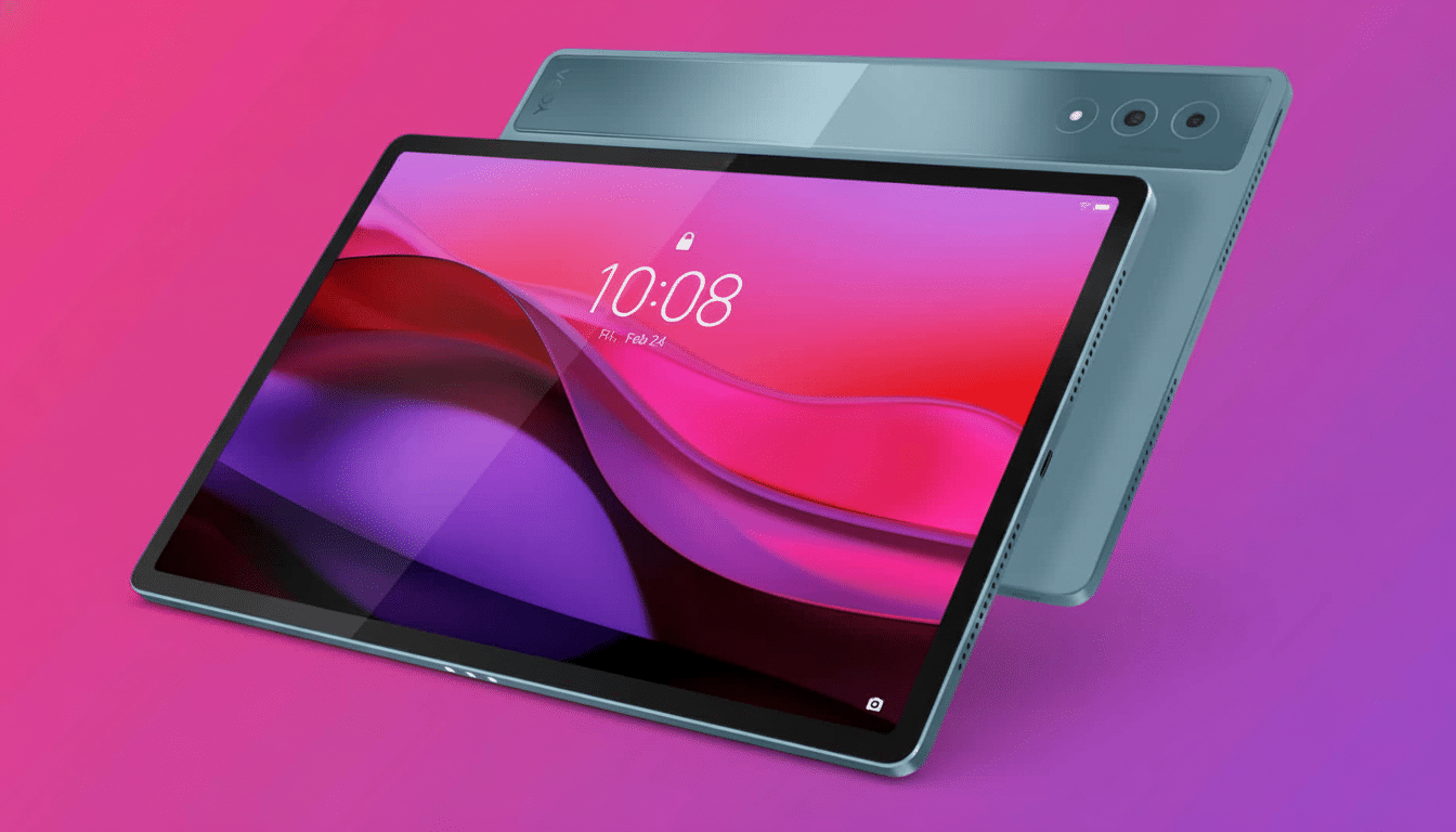 A professional shot of a modern teal tablet with a vibrant pink and purple wallpaper, displayed against a gradient background. Another tablet, also teal, is subtly visible behind it.