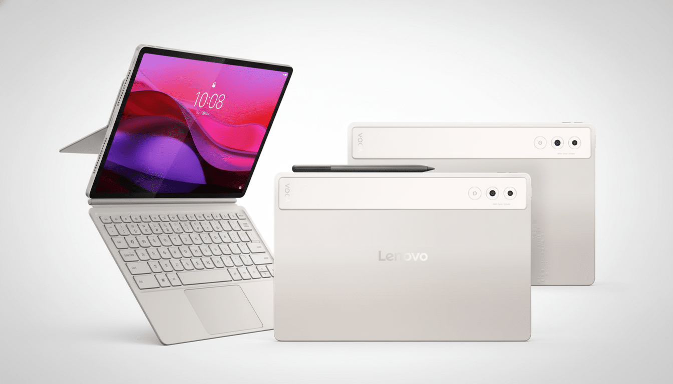 A professional studio shot of a white Lenovo Yoga tablet with its keyboard cover attached and standing upright , alongside another tablet viewed from the back, displaying the Lenovo logo and a stylus resting on top. The background is a clean , light gray gradient.