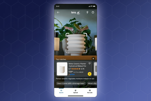 ** A mobile phone screen displaying the Lens AI app, which identifies a white ceramic ribbed planter with a plant inside . The background has been updated to a professional flat design with soft patterns. **