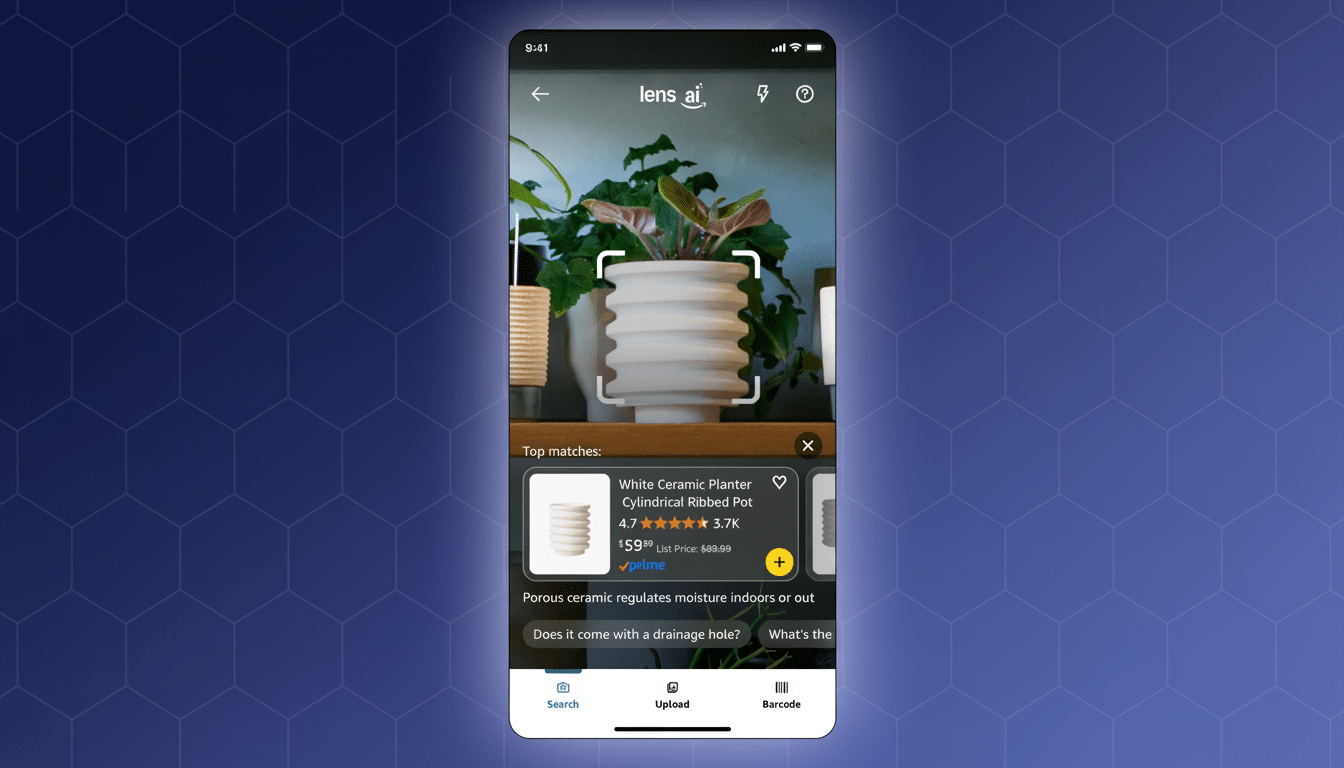 ** A mobile phone screen displaying the Lens AI app, which identifies a white ceramic ribbed planter with a plant inside . The background has been updated to a professional flat design with soft patterns. **