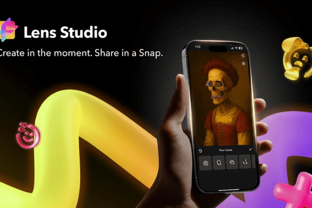 A hand holding a smartphone displaying Lens Studio with a skeleton wearing a hat and glasses , with Lens Studio logo and Create in the moment . Share in a Snap. text, set against a dark background with colorful, glowing abstract shapes. Filename : lensstudio app display .png