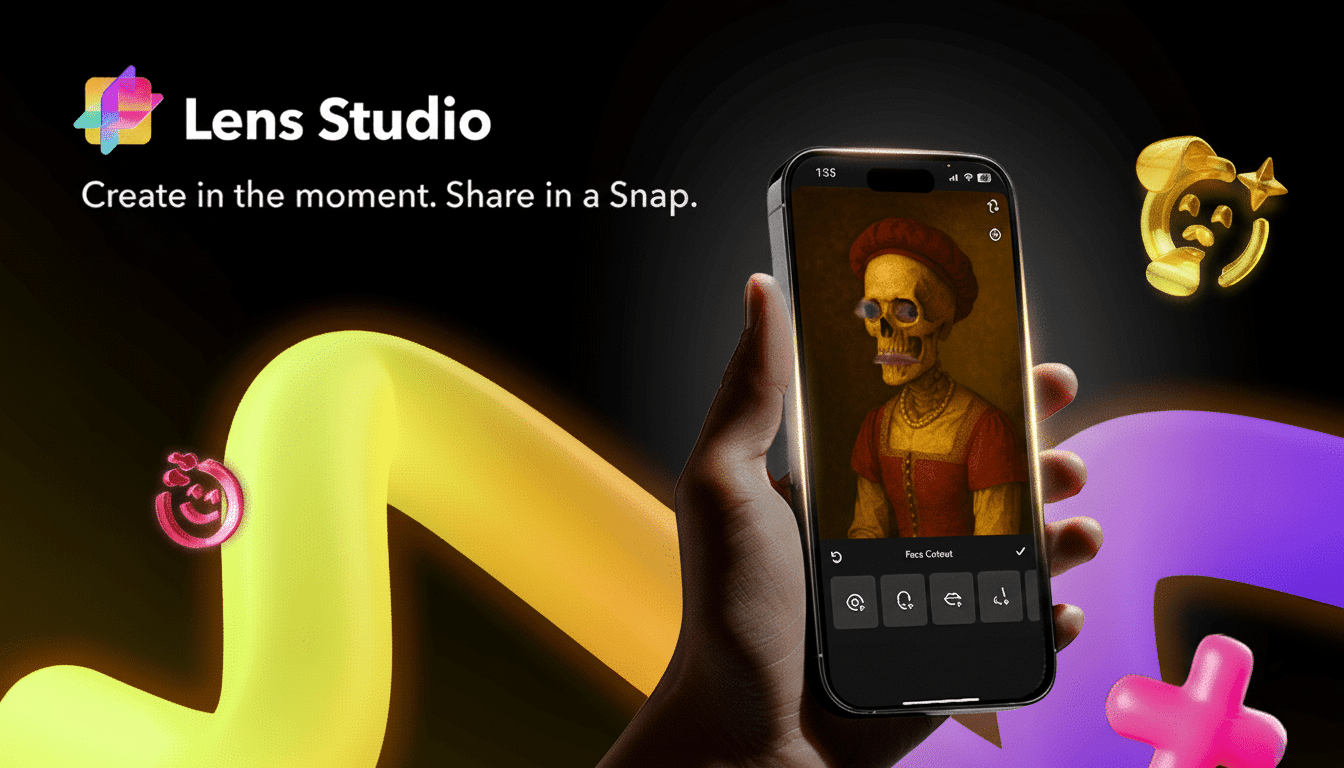 A hand holding a smartphone displaying Lens Studio with a skeleton wearing a hat and glasses , with Lens Studio logo and Create in the moment . Share in a Snap. text, set against a dark background with colorful, glowing abstract shapes. Filename : lensstudio app display .png
