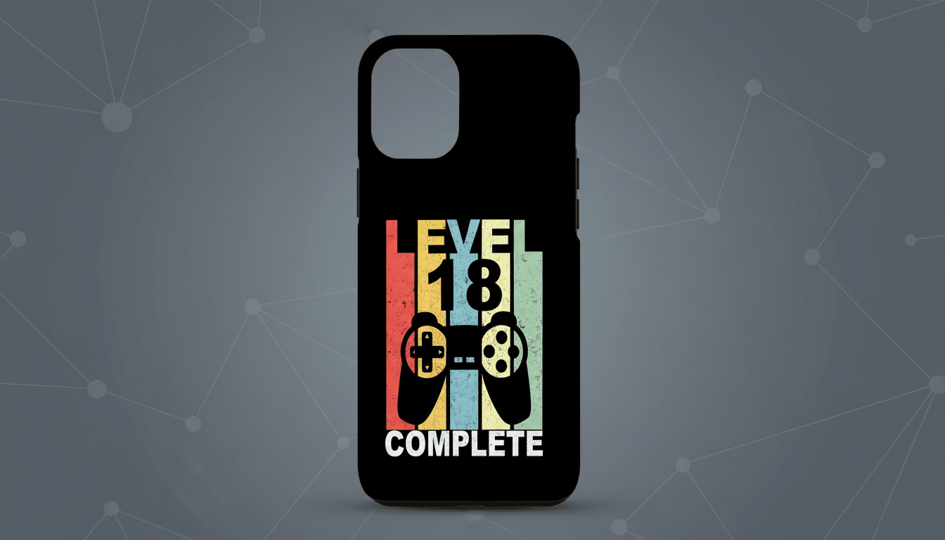 A black smartphone case with a retro-style design showing LEVEL 18 COMPLETE and two gaming controllers in muted yellow , red , blue , and green stripes , now presented on a professional flat gray background with soft white geometric patterns. Filename : level1 8complete phone case.png