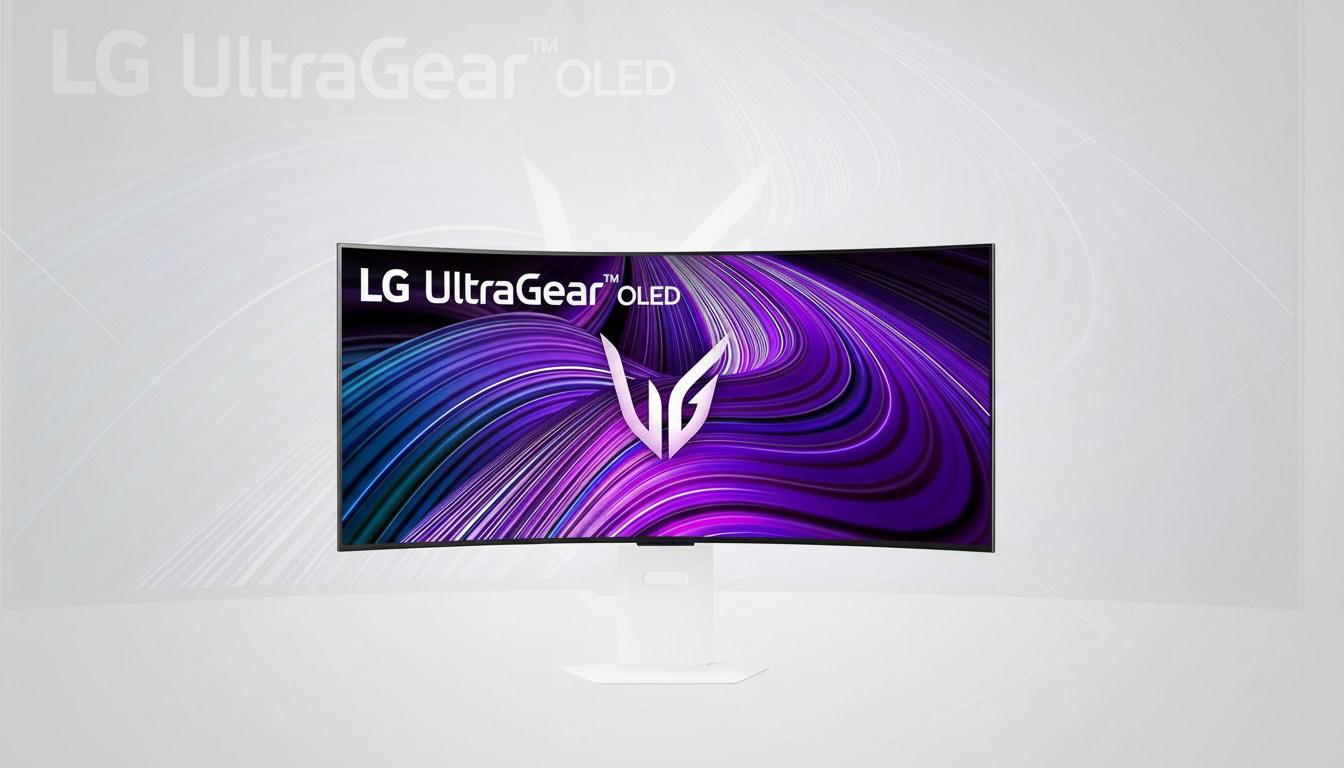 A white LG UltraGear OLED curved gaming monitor with a vibrant purple and blue abstract wallpaper on the screen, set against a professional light gray background with subtle wave patterns.