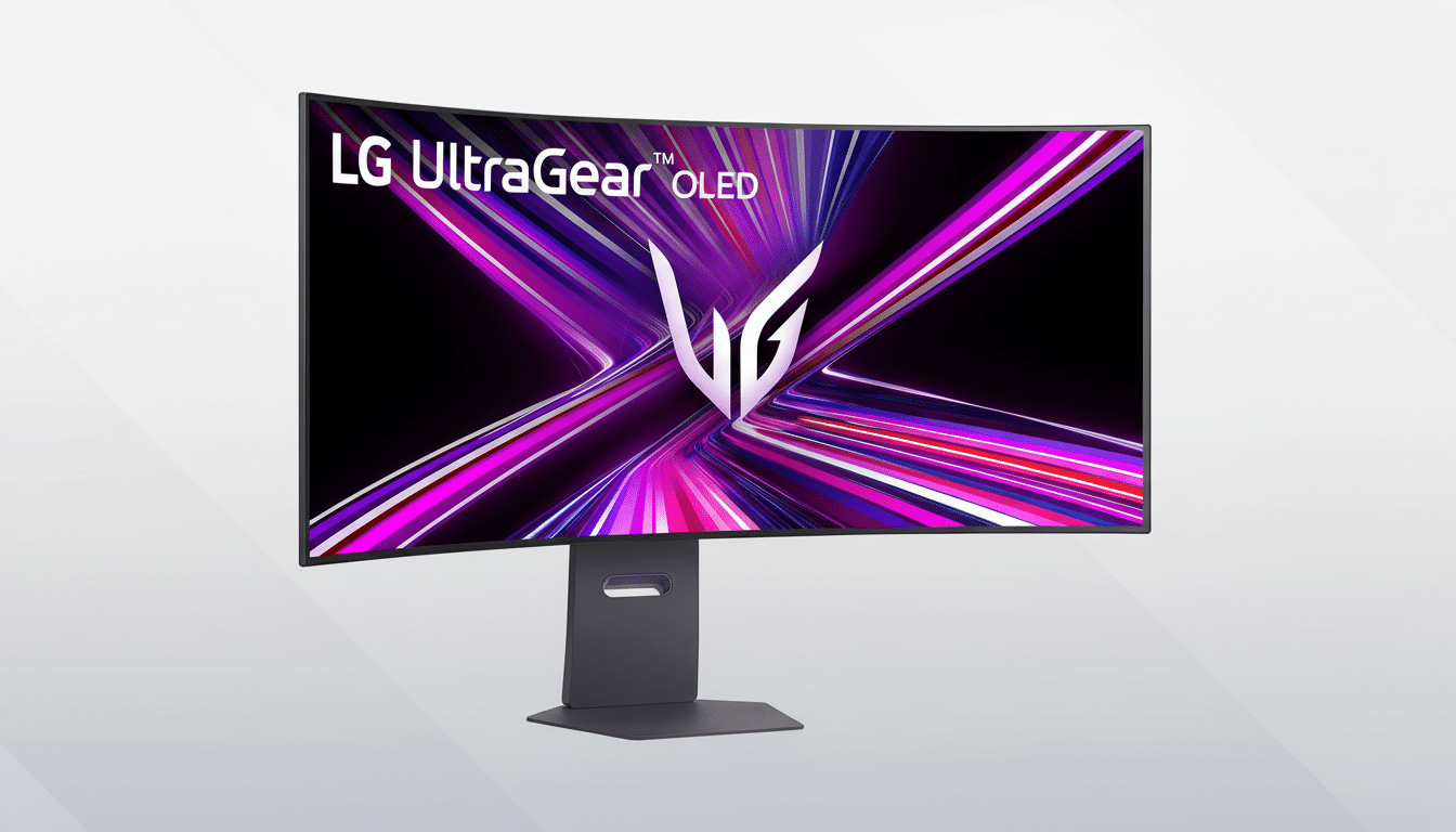 An LG UltraGear OLED curved gaming monitor, displaying a vibrant purple and pink abstract graphic, with a sleek dark gray stand, against a subtle gray