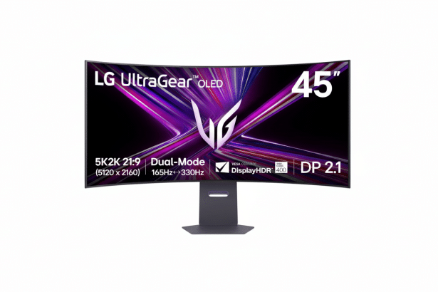 A 45-inch LG UltraGear OLED curved monitor with 5K2K 21: 9 resolution , dual-mode 165 Hz to 330 Hz refresh rate, VESA certified DisplayHDR 4 00, and DP 2.1 connectivity . The monitor is presented on a clean white background.