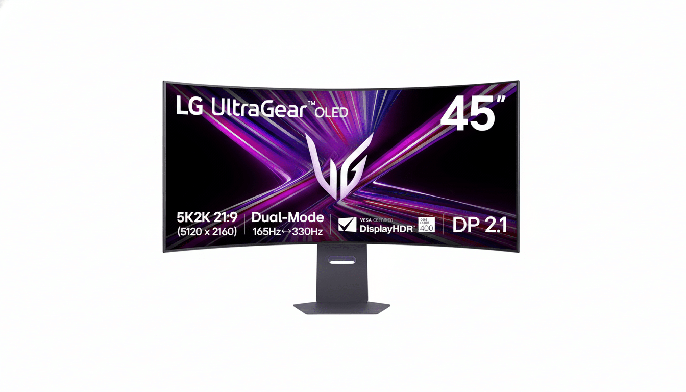 A 45-inch LG UltraGear OLED curved monitor with 5K2K 21: 9 resolution , dual-mode 165 Hz to 330 Hz refresh rate, VESA certified DisplayHDR 4 00, and DP 2.1 connectivity . The monitor is presented on a clean white background.