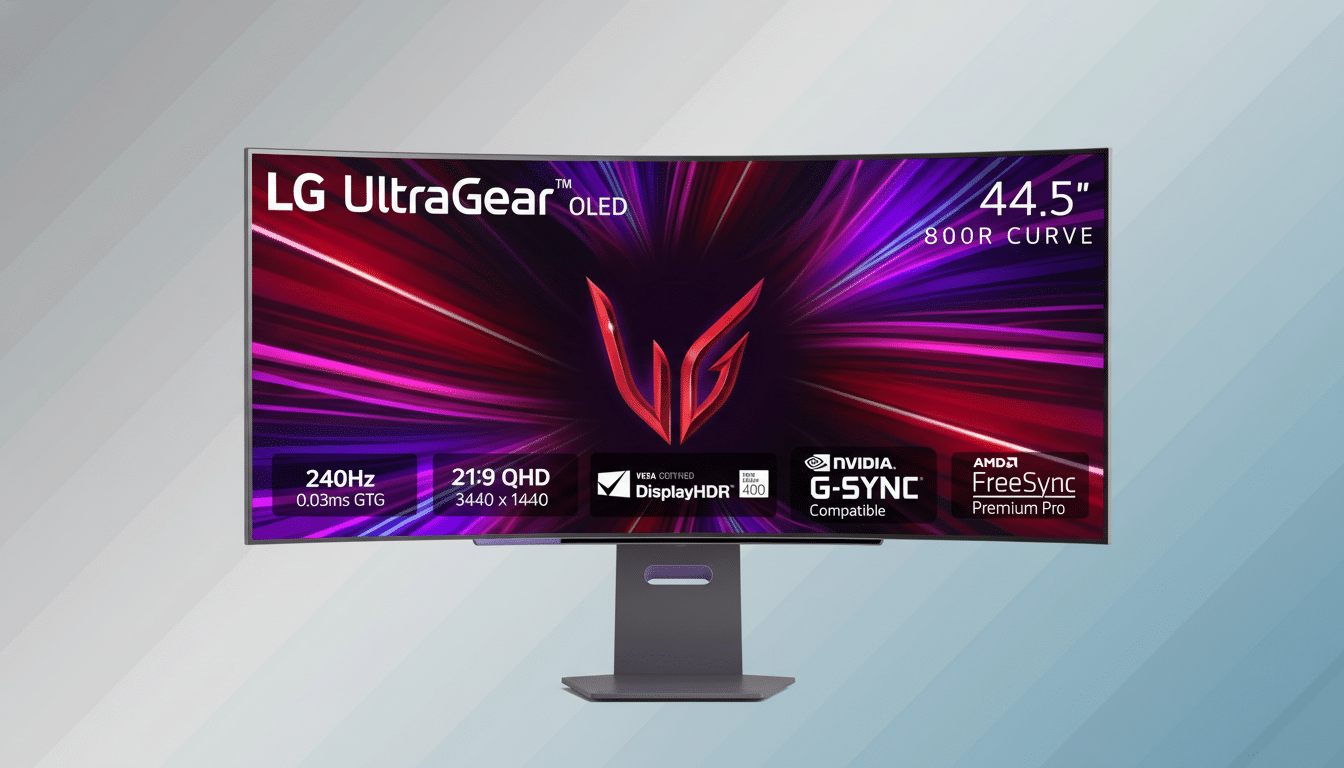 An LG UltraGear OLED 44. 5 curved gaming monitor with a black and red abstract wallpaper , displaying specifications like 240 Hz, 2 1:9 Q HD, V ESA Display HDR 40 0, NVIDIA G -SYNC compatible, and AMD FreeSync Premium Pro, presented on a subtle blue - green gradient background. Filename : lgult ragearoled gamingmonitor . png