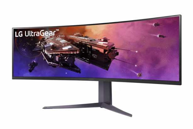 An LG UltraGear curved gaming monitor displaying a space scene with a large spaceship and smaller craft , on a plain white background. Filename : lgult ragearcur vedmonitor. png
