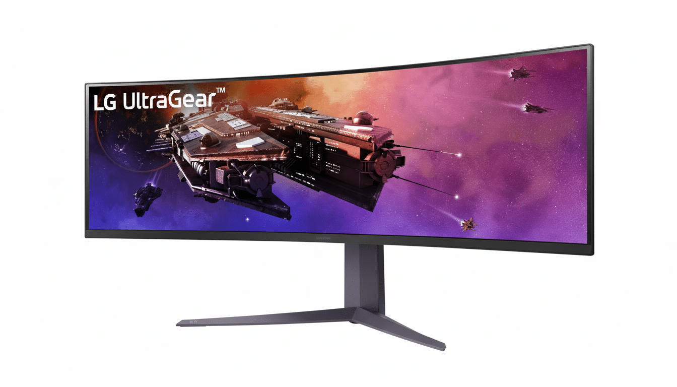 An LG UltraGear curved gaming monitor displaying a space scene with a large spaceship and smaller craft , on a plain white background. Filename : lgult ragearcur vedmonitor. png