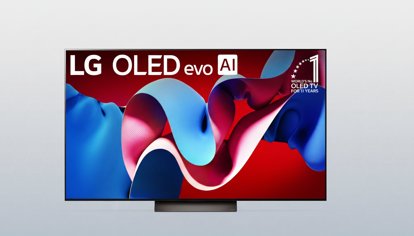 A professional image of an LG OLED evo AI television, resized to a 16:9 aspect ratio, set against a clean, light gray background with a subtle geometric pattern. The TV screen displays a vibrant abstract image with swirling blue, pink, and red shapes. The LG OLED evo AI logo is visible in the top left corner of the screen, and a Worlds No. 1 OLED TV for 11 Years badge is in the top right.