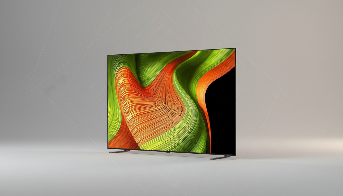 A sleek, modern television with a vibrant, abstract green and orange wallpaper displayed on its screen, set against a professional light gray background with subtle geometric patterns.