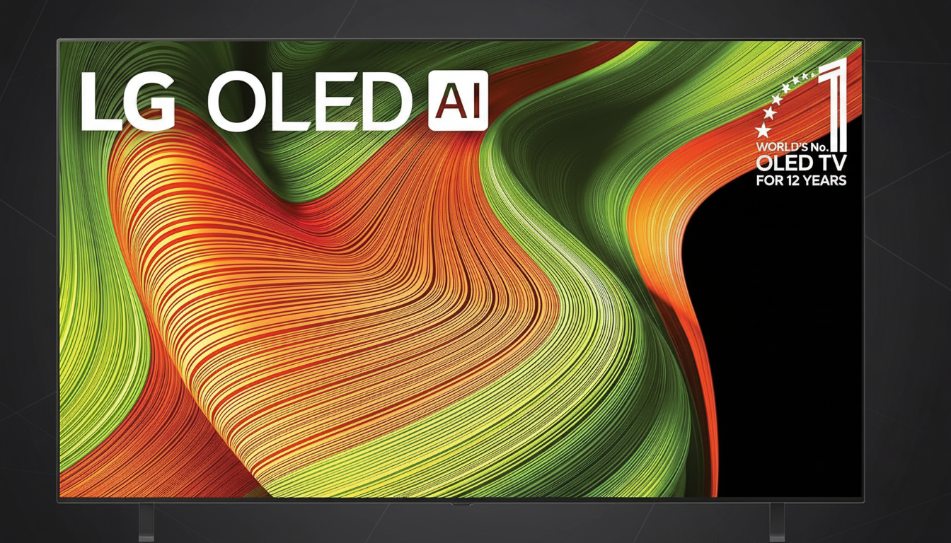 A professional image of an LG OLED AI TV with a vibrant, abstract display, resized to a 16:9 aspect ratio. The background is a subtle dark gray with a faint geometric pattern, enhancing the TVs clean presentation.