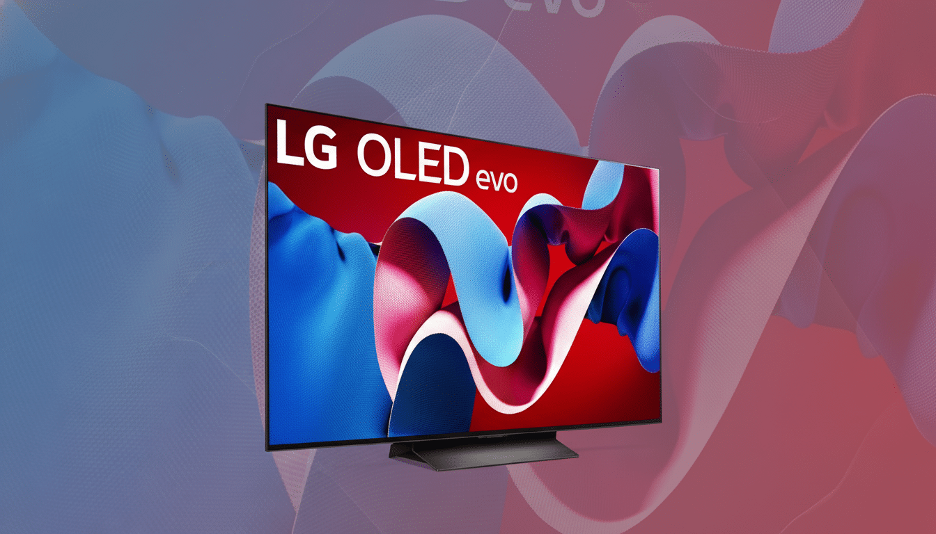 An LG OLED evo TV on a stand , displayed against a professional flat design background with soft patterns and gradients, resized to a 16: 9 aspect ratio.