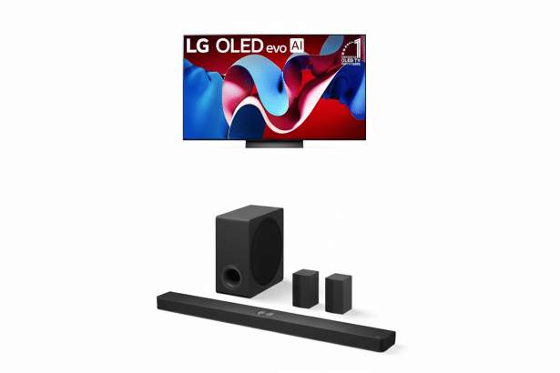 An LG OLED Evo AI television and a 5 .1 channel sound bar system with a subwoofer and two rear speakers on a white background.