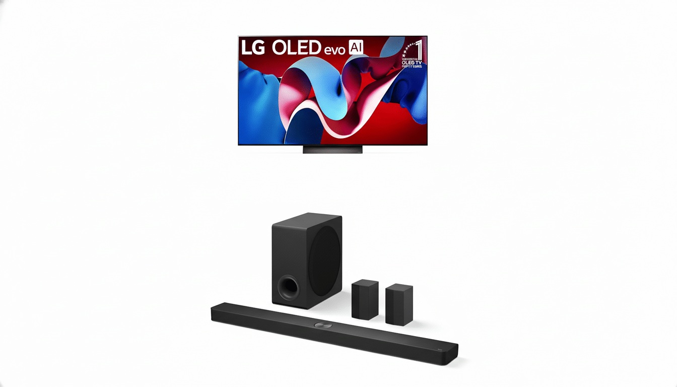 An LG OLED Evo AI television and a 5 .1 channel sound bar system with a subwoofer and two rear speakers on a white background.