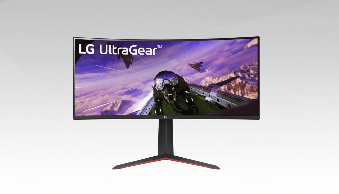 An LG UltraGear curved gaming monitor displaying a flight simulator game , set against a professional flat gray background with a subtle gradient .