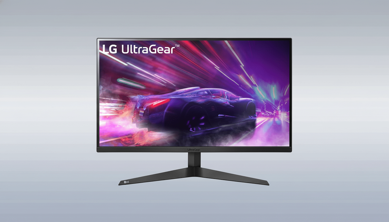 An LG UltraGear monitor displaying a racing car image, set against a professional gray gradient background. Filename : lgult ragearmonitor professional.png