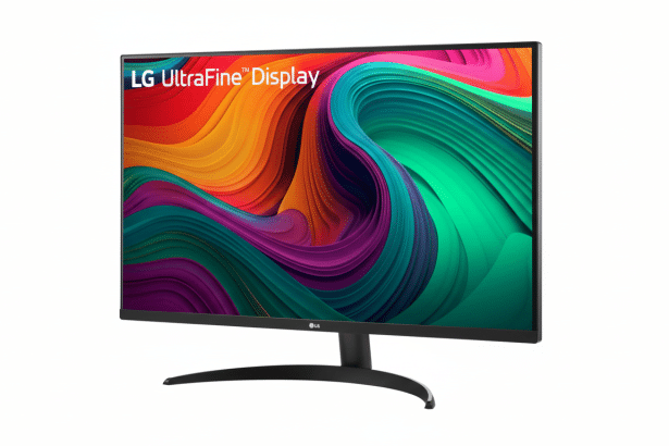 An LG Ultra Fine Display monitor with a colorful abstract wallpaper , presented on a clean white background.