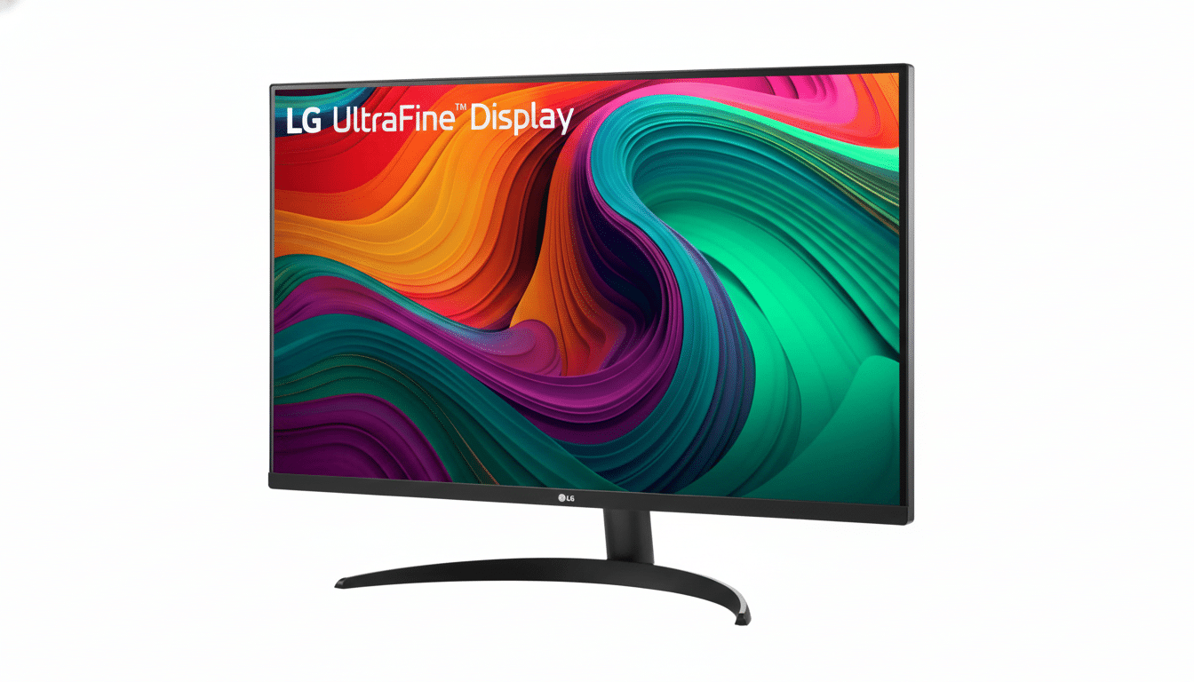 An LG Ultra Fine Display monitor with a colorful abstract wallpaper , presented on a clean white background.