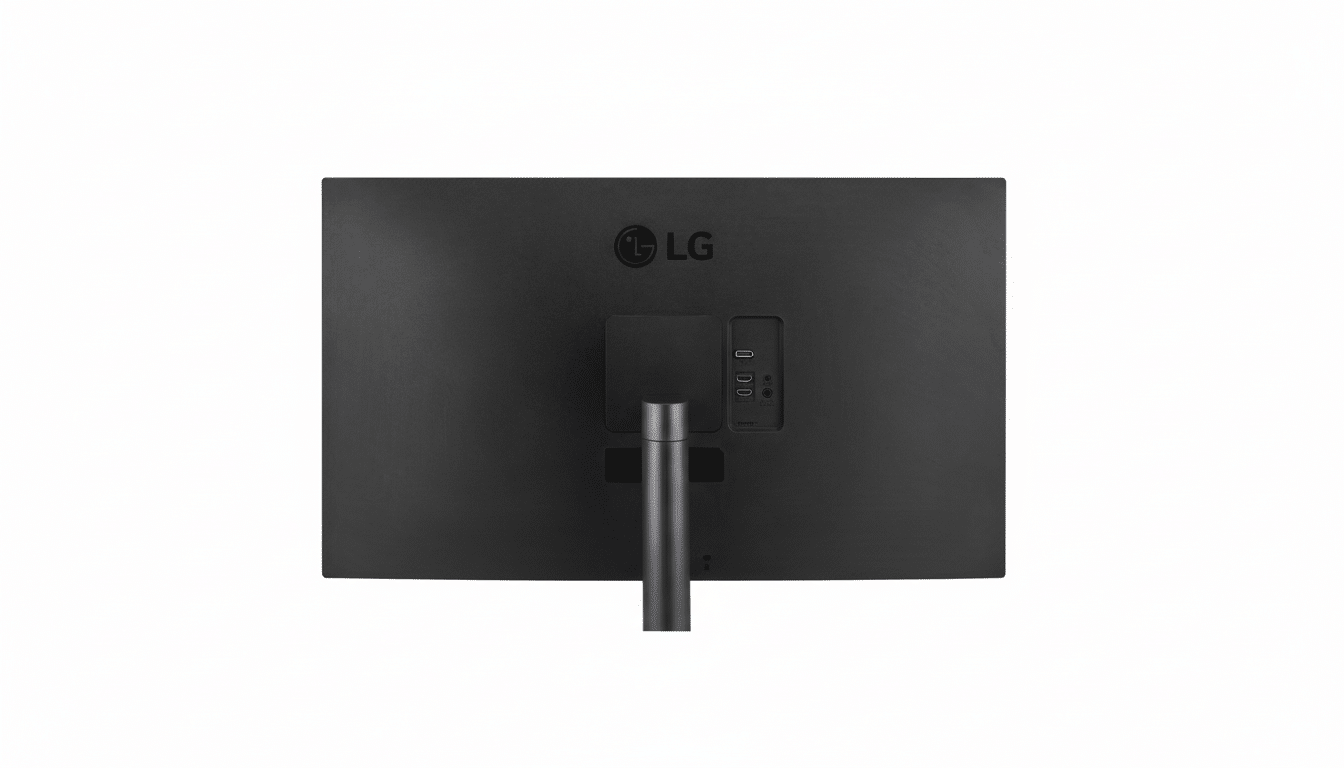 Rear view of an LG monitor in 16:9 aspect ratio, showing various input ports and the LG logo. Filename : lgmonitor rearview . png
