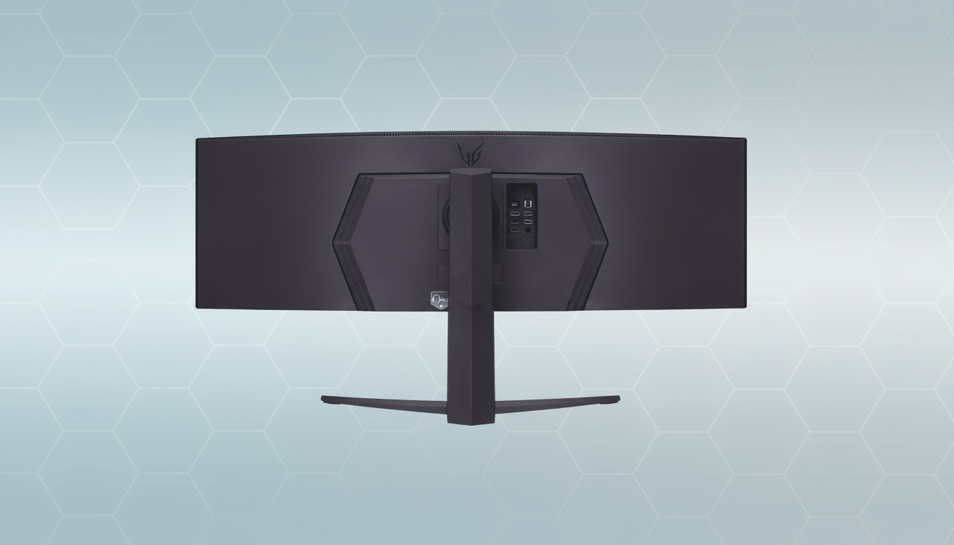 The back view of an LG Ultra Gear curved gaming monitor with a hexagonal pattern on its surface and various ports visible on the central stand, set against a light blue geometric background.