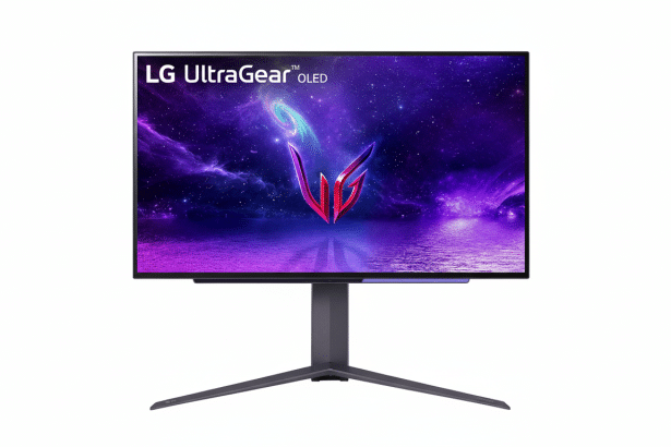 An LG UltraGear OLED monitor with a vibrant purple and blue space- themed wallpaper , presented against a clean white background.