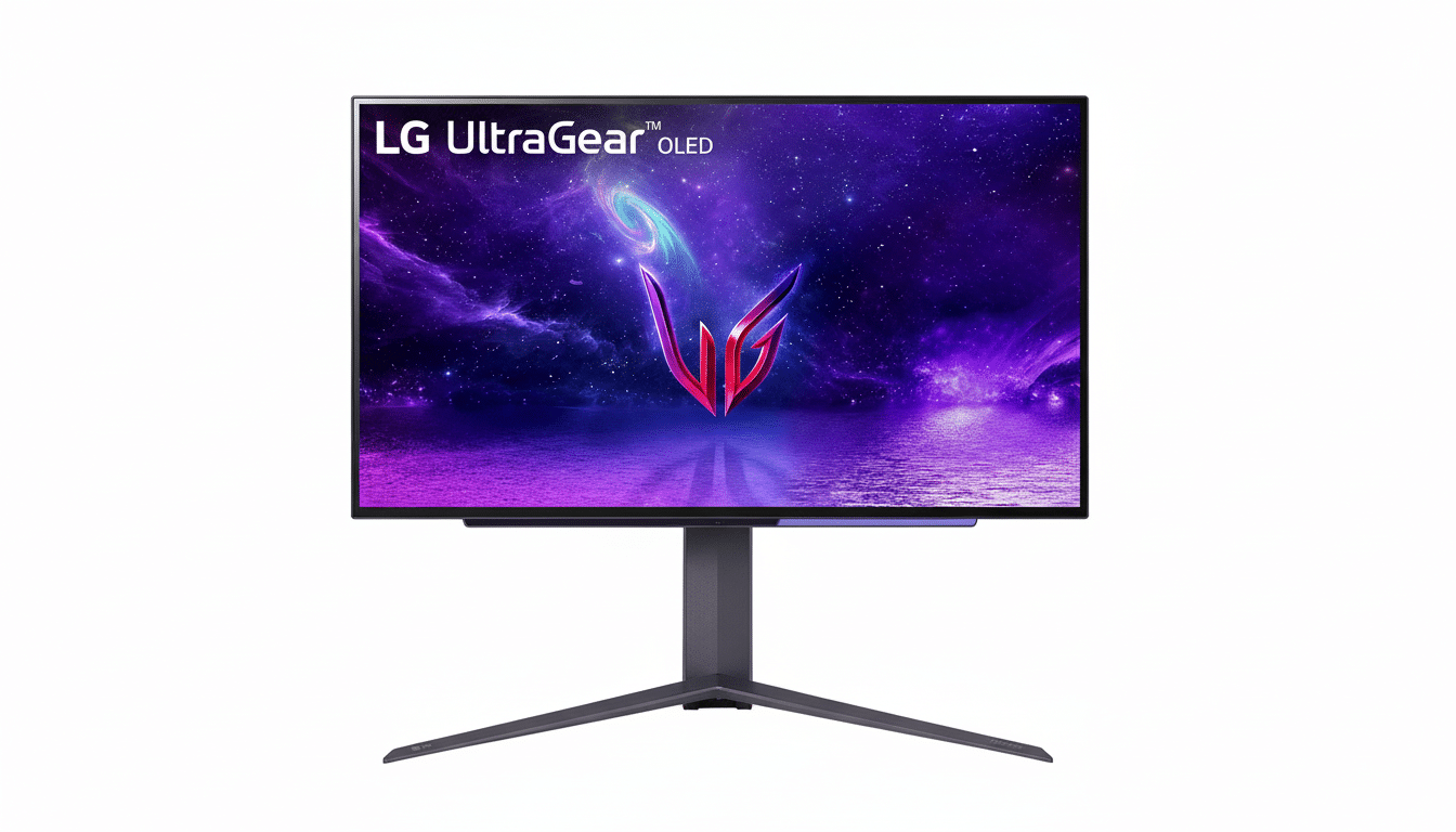 An LG UltraGear OLED monitor with a vibrant purple and blue space- themed wallpaper , presented against a clean white background.