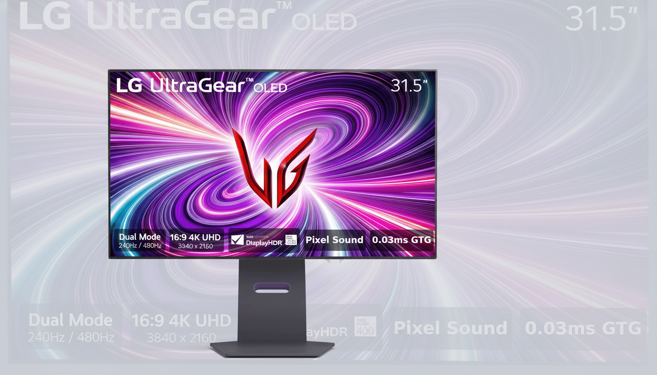 LG Ultra Gear OLED 3 1.5- inch monitor on a professional flat gray background with subtle swirling patterns and product feature text ghost ed in the foreground .