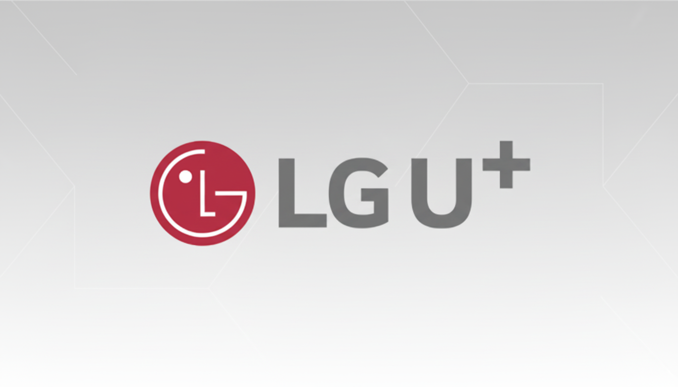 The LG U+ logo, featuring a red circle with a stylized white L and G inside, followed by the text LGU+ in gray, set against a light gray background with subtle geometric patterns.