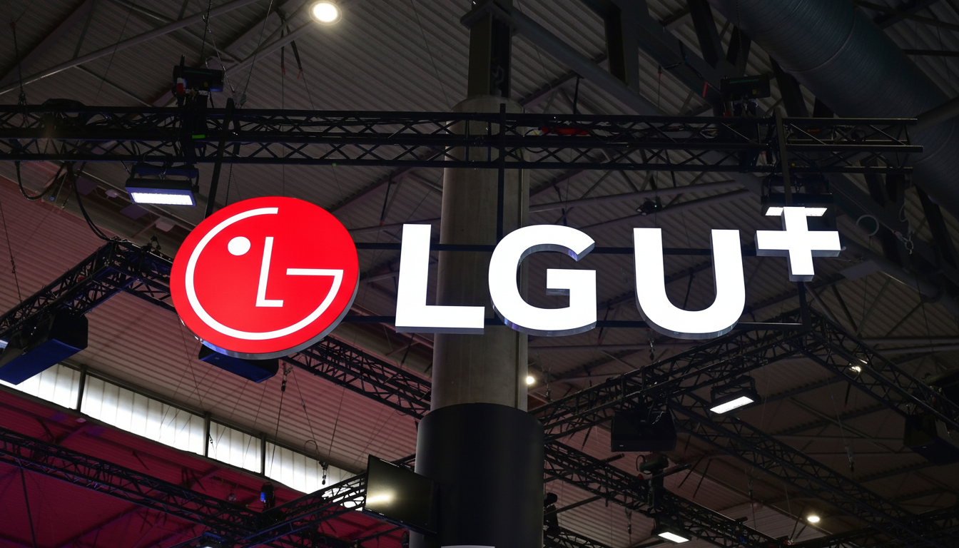 The LG U+ logo, featuring a red circle with a stylized L and G in white, next to the white text LGU+, displayed on a dark background with visible ceiling structures and lighting.