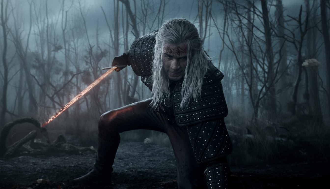 Geralt of Rivia in a fighting stance, holding a glowing sword in a dark, misty forest.