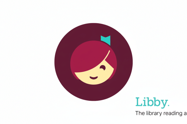 ** The Libby app logo, featuring a stylized girl 's head with magenta hair and a teal bow, centered within a dark maroon circle , on a white background. The word Libby. is in teal below the logo, with The library reading app in gray below that . **Filename :** libby applogo 16x 9. png