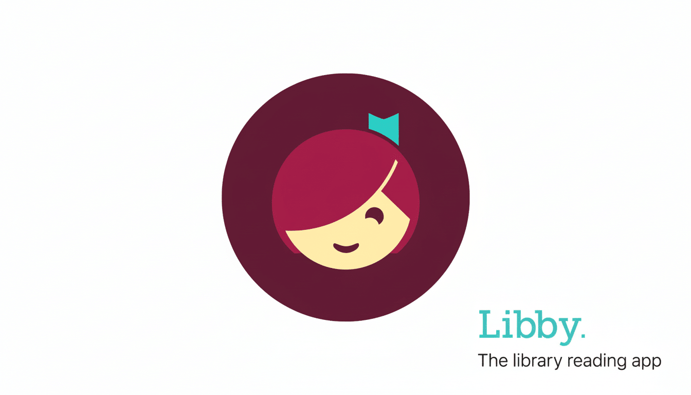 ** The Libby app logo, featuring a stylized girl 's head with magenta hair and a teal bow, centered within a dark maroon circle , on a white background. The word Libby. is in teal below the logo, with The library reading app in gray below that . **Filename :** libby applogo 16x 9. png