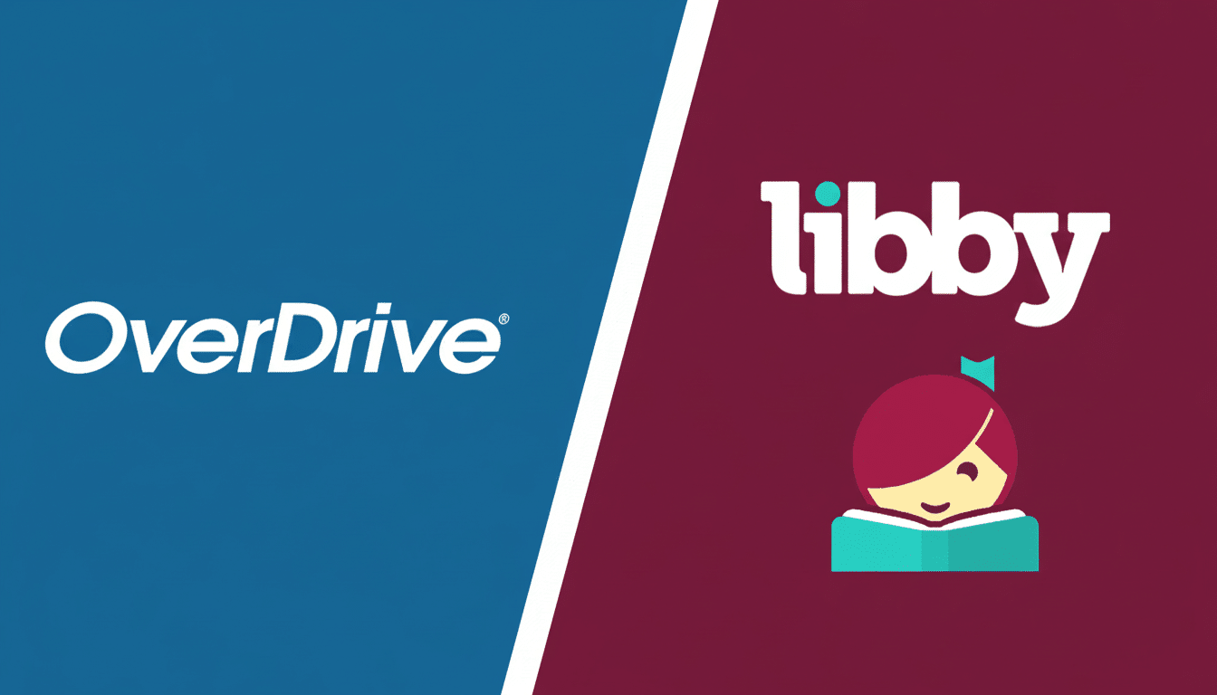 The Over Drive logo in white on a blue background is on the left, separated by a diagonal white line from the Libby app logo on the right, which features the word libby  in white above a stylized icon of a person reading an open book, all on a maroon background. Filename : overdrivelib bylogos 169 . png