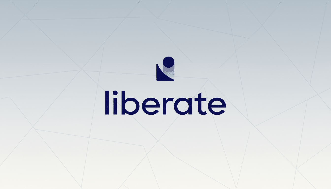 The Liber ate logo is centered on a light gray background with subtle geometric patterns. The logo features a dark blue abstract icon above the word lib erate in a matching dark blue, sans-serif font . The icon appears to be a stylized i or a person figure, with a solid circle for the head and two curved shapes forming the body.