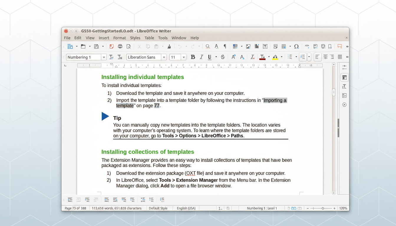 A screenshot of Libre Office Writer displaying a document with instructions on installing individual and collections of templates, set against a professional soft pattern background.
