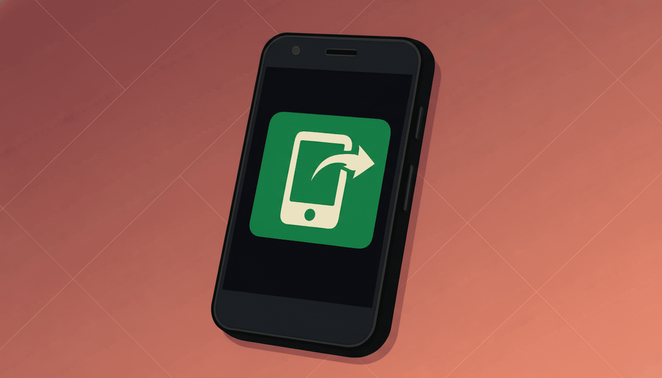 A black smartphone with a green app icon featuring a white phone with an arrow pointing right, set against a warm gradient background. Filename : smartphone appicon . png