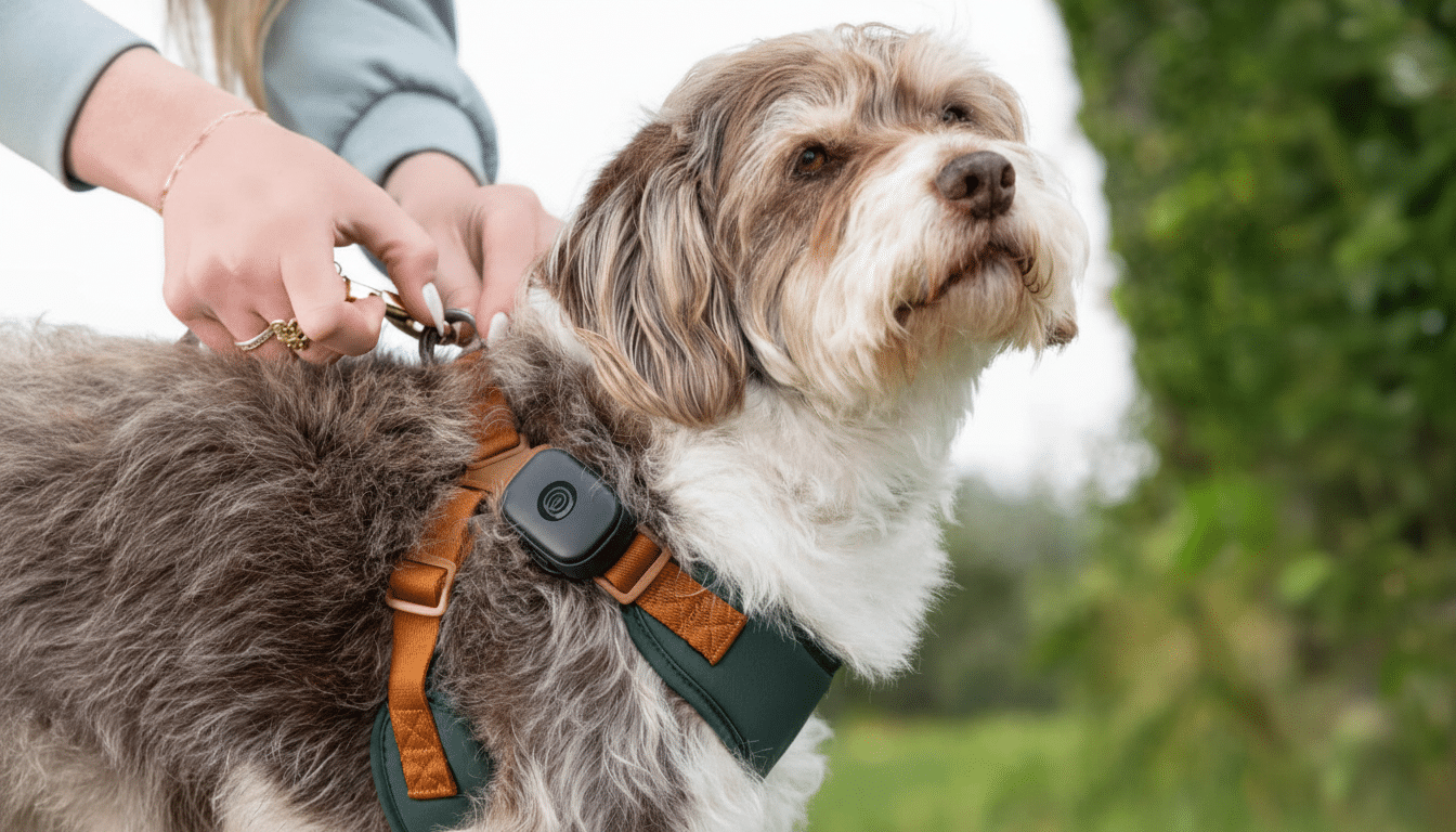 A person ' s hands attaching a leash to a brown and white fluffy dog wearing a dark green and brown harness with a small black device on it .