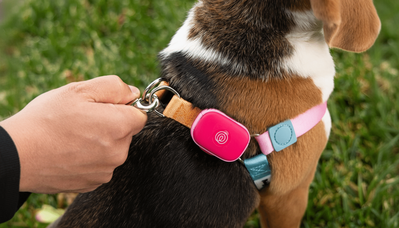 A hand attaching a leash to a dog's collar , which features a vibrant pink tracking device. Filename : dog leash tracker . png