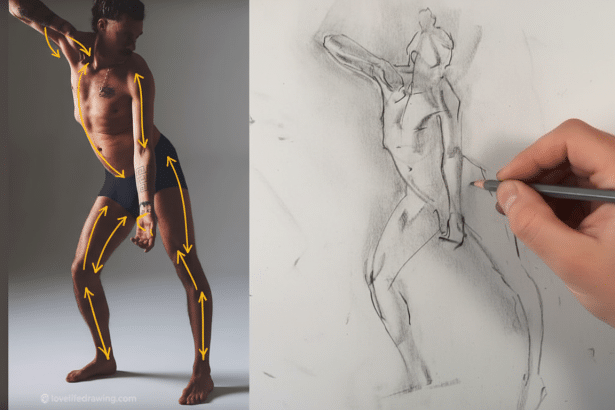 A man posing for a life drawing class, with arrows indicating the flow of movement, next to a charcoal sketch of the pose.