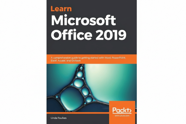 The book cover for Learn Microsoft Office 201 9 by Linda Foulkes, now resized to a 16: 9 aspect ratio with a clean white background. The original book cover design , featuring a dark gray top section with white and orange text, an orange middle section with white text, and a bottom section with abstract blue bubbles and the Packt logo, is preserved.