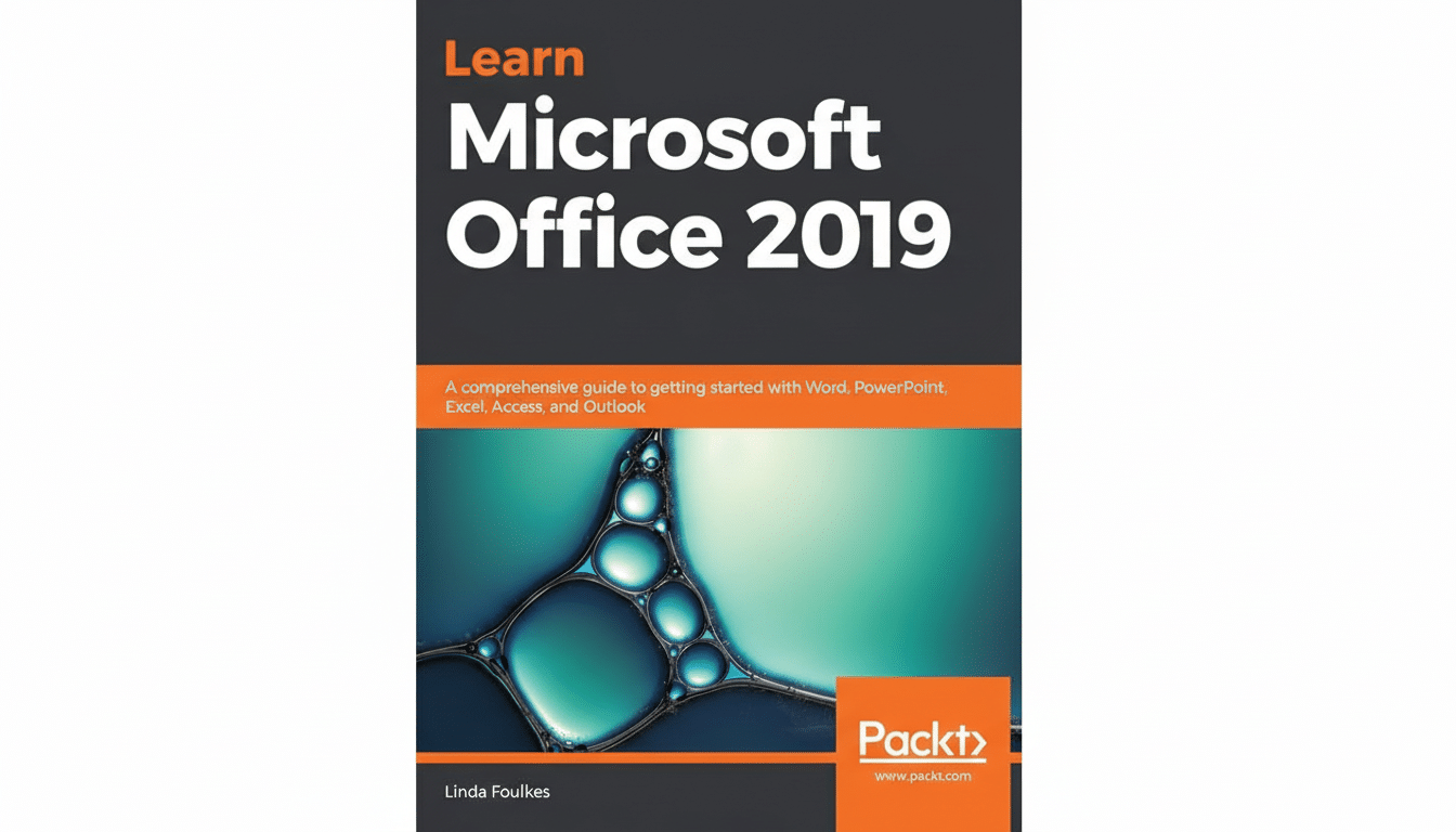 The book cover for Learn Microsoft Office 201 9 by Linda Foulkes, now resized to a 16: 9 aspect ratio with a clean white background. The original book cover design , featuring a dark gray top section with white and orange text, an orange middle section with white text, and a bottom section with abstract blue bubbles and the Packt logo, is preserved.