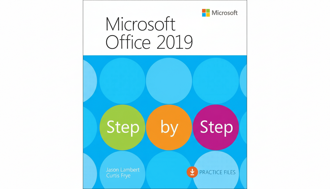 A professional , enhanced image of the Microsoft Office 2 019 Step by Step book cover, resized to a 16 :9 aspect ratio . The background is a clean white , emphasizing the book cover' s original design featuring blue circles , and green, orange, and pink circles with the words Step by Step. Filename : microsoftoffice 201 9step bystep book cover 16x 9. png
