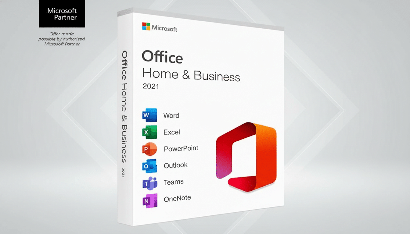 A 16:9 aspect ratio image of a Microsoft Office Home & Business 2 021 software box with a professional flat design background.
