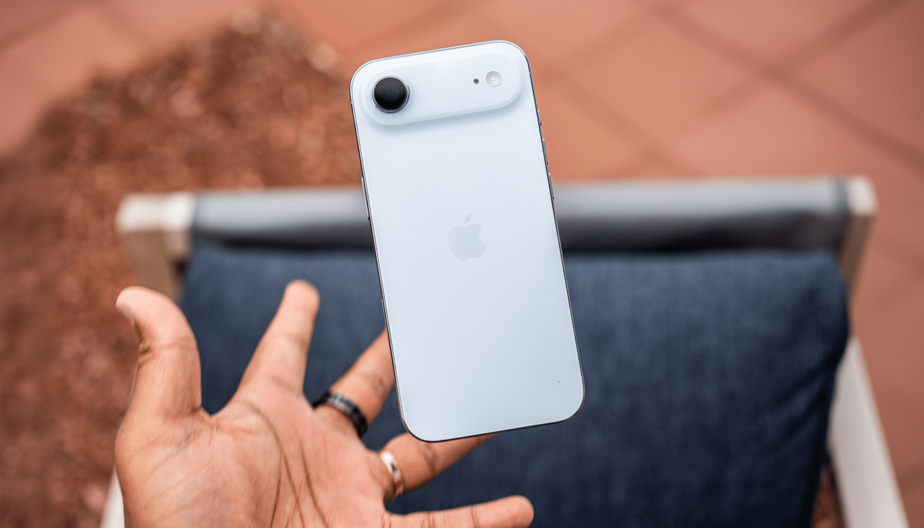 A hand holding a light blue iPhone against a blurred outdoor background.