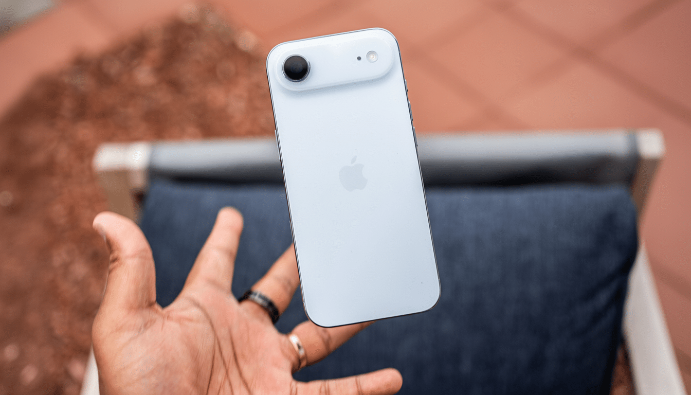 A hand holding a light blue iPhone against a blurred background of a textured surface and a dark blue cushion .