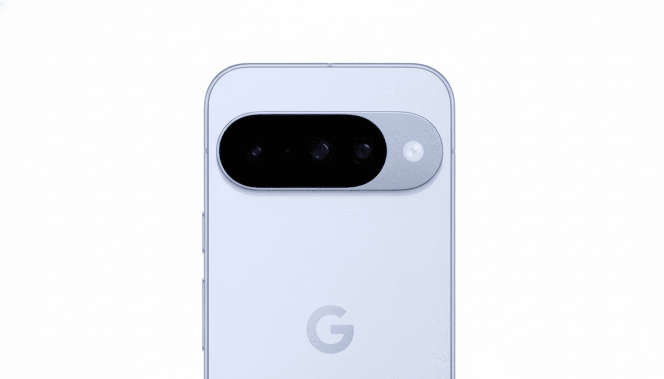 Close- up of the top portion of a light blue smartphone with a black camera bar containing two lenses and a flash, and a subtle G logo on the back, pr