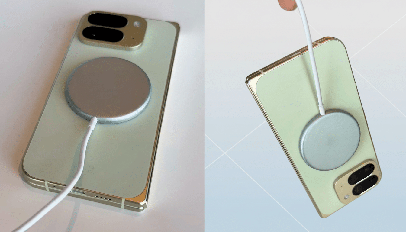 A light green smartphone with a silver circular MagSafe charger attached to its back, shown from two different angles. The image has been resized to a